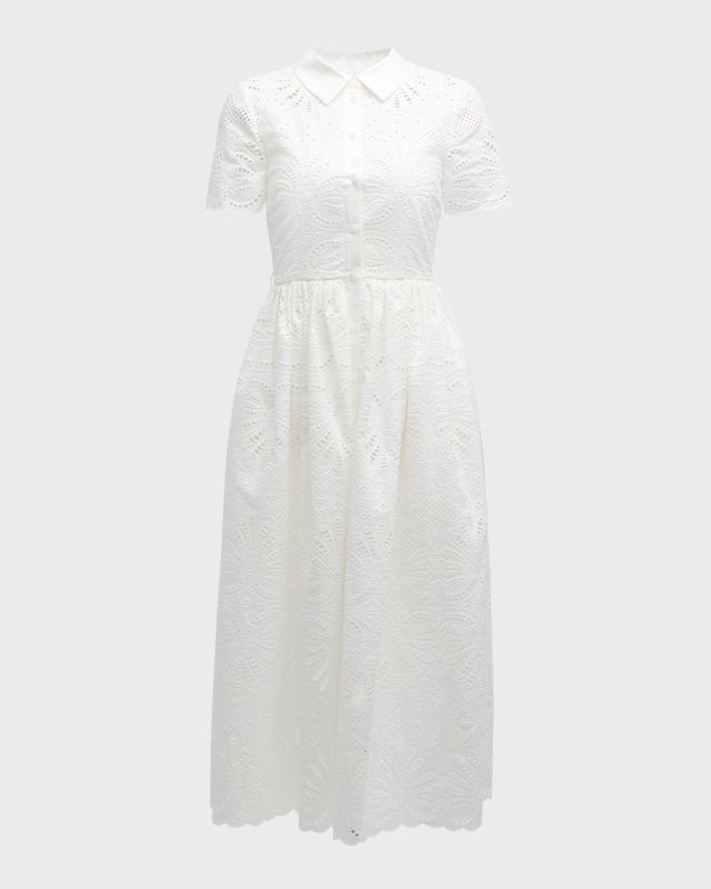 Cutwork Embroidery Short-Sleeve Midi Shirtdress